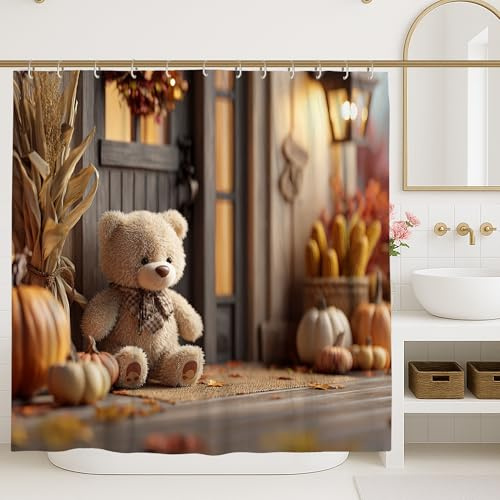 Cortina de ducha de oso, acogedor juguete de felpa beige, decoración de baño de otoño, cosecha de calabaza, cortina de ducha de tela impermeable con ganchos, 72 x 72 pulgadas