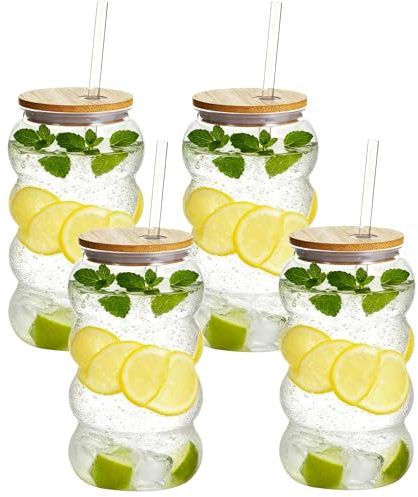 Yisituo Drickglas med lock och sugrör, 4 stycken 500 ml plastmuggar återanvändbara, för dryckesfester, födelsedag, cocktail, bröllop, smoothie (4, klar)