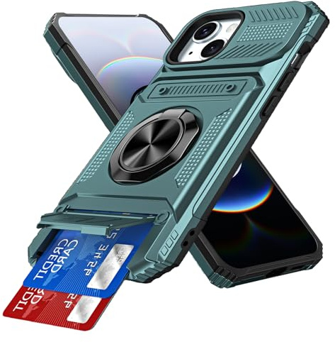 IMEIKONST Card Holder for iPhone 13/14 Case with Stand, Green TCKB | Military Grade Drop Protection, Magnetic Ring Kickstand, Anti-Slip Shockproof Cover, Heavy Duty Rugged PC Back