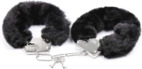 Stainless Steel Black Fluffy Handcuffs for Ankles and Wrist with Chain Set Fuzzy Sweater Hand Cuff Set for Adults Bedroom Hand Cuffs for Women Couples WM119