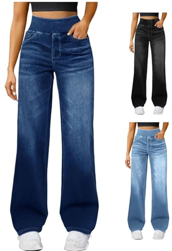 Baggy Jeans,High Waist Stretch Jeggings Damen mit 4 Taschen Jeanshose Loose Warm Freizeithose Jeanshose