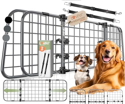 LOVPET® Hundegitter Auto Kofferraum – Universal Trenngitter für Hunde, verstellbar 92–152 cm, ohne Bohren & einfache Montage, Hundeschutzgitter Gepäckgitter Auto inkl. 2 Sicherheitsgurte, Anthrazit