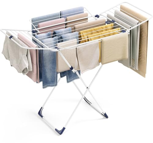 SYKIARIOL Wäscheständer, Wäscheständer Platzsparend mit rutschfesten Füßen, klappbarer Flügelwäschetrockner für Bettwäsche und Kleidung, ideal für Wohnung, Balkon & Garten, Weiß