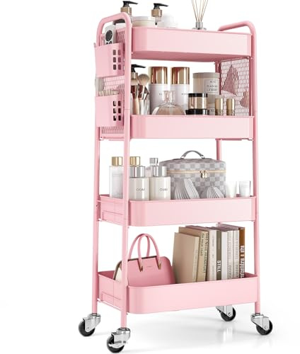 Urackify 4 Ebenen Aufbewahrungswagen, Rosa | DIY-Stecktafeln, Körbe, Haken, Küche, Bad, Büro, Klassenzimmer