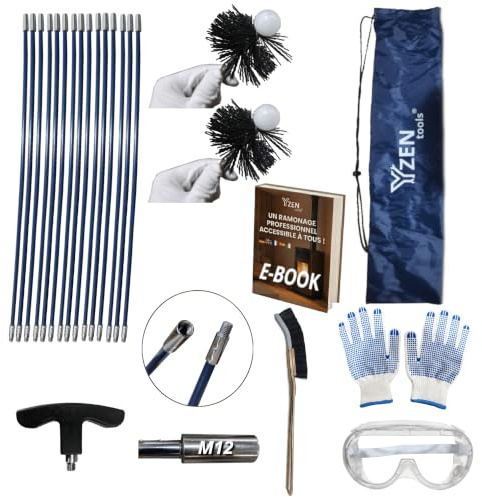 Kit de ramonage poêle à granulés pellets 9m – hérisson 80 mm 100 mm PROKIT Complet + Ebook Inclus, 15 Cannes Flexibles (0,6 m), Adaptateur M12, Gants antidérapants, Lunettes, Sac Transport, Brosse