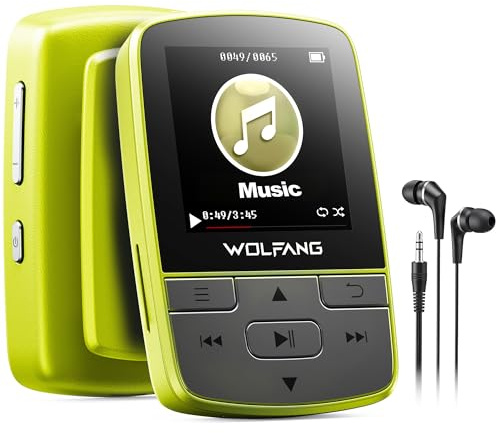 WOLFANG MP3-spelare med Bluetooth 5.2, sportklämma, ministorlek, väger 28 g, HiF FM-radio, röstinspelare, hörlurar ingår, fluorescerande grön