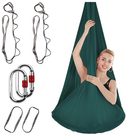 GYTTDERFL Aerial Yoga Hamac Yoga Set di amache for Yoga Aerea da 4 m. Altalena for Yoga in Seta Aerea con Cinghie di Estensione e moschettoni. Resistenza del Core migliorata(Dark Green)