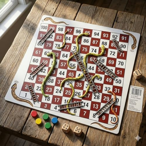 Snakes & Ladders Board Game for Children and Adults, Traditional Family Game, Foldable Board Classic Board Games 4 Player With Counters & Dice for 4 5 6 7 Year Old Kids