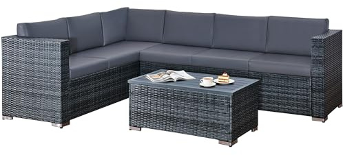 rattanstar 6 Seater Rattan Garden Furniture Sets, Outdoor L-Shaped Patio Furniture Set with Garden Sofa and Glass Table (Mixed Charcoal Wicker + Charcoal Cushion (6 Seater))