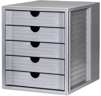 HAN Schubladenbox SYSTEMBOX KARMA mind. 80% Recycling-Kunststoff mit 5 geschlossenen Schubladen, Schreibtisch oder im Schrank, inkl. Auszugsperre + Beschriftungsclip, Gummifüße, 14508-18, lichtgrau