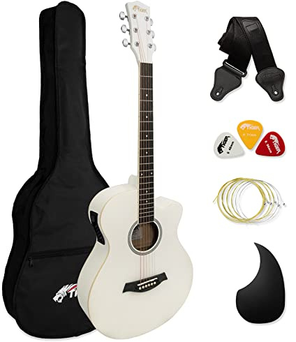 TIGER ACG4-WH Guitare électro-acoustique 4/4 pour débutants avec accordeur 3 bandes et égaliseur intégrés - Sac de transport, sangle, cordes de rechange - Blanc