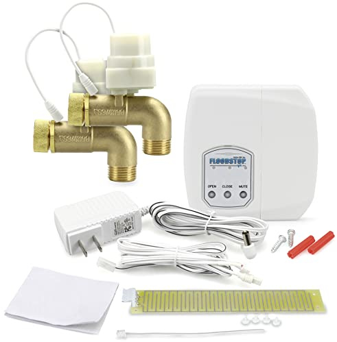 FloodStop Washing Machine Leak Detector Kit with Automatic Water Shut-Off and Visual/Audible Alarms, 3/4 90deg, Hot & Cold Valves