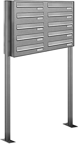 AL Briefkastensysteme 10er Edelstahl Durchwurfbriefkasten, Standbriefkasten modern, 10 Fach Briefkastenanlage V2A Edelstahl Postkasten