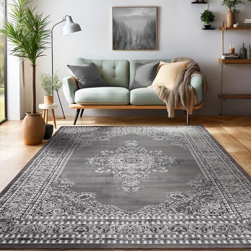SIMPEX Orient Teppich 160x230 cm Grau, Dekorativer Bodenteppich mit Ornamenten, Pflegearm & robust für große Räume oder Essbereich