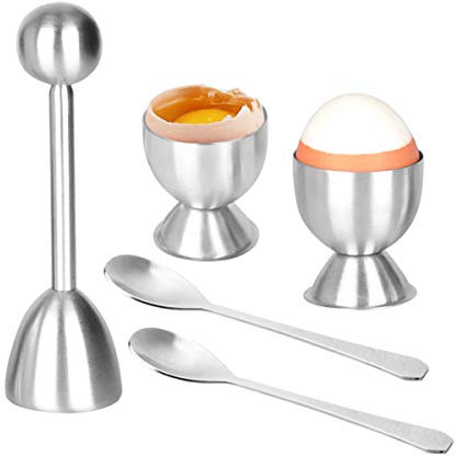 Egg Cutter Topper Set,Stainless Steel Boiled Egg Topper with Spoons and Cups for Hard & Soft Boiled Eggs