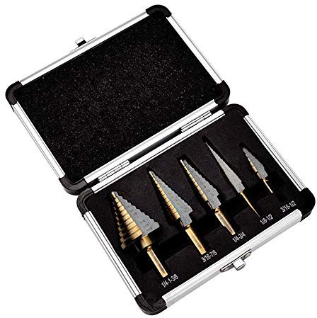 Meichoon Lot de 5 forets étagés HSS système britannique avec revêtement en forme triangulaire, perceuse Pagode à tige triangulaire avec revêtement en titane