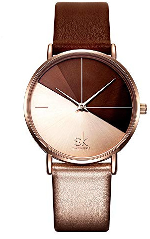 SHENGKE Kreativ kontrastfärg enkelhet damklocka äkta läder eleganta damklockor damarmbandsur, K0095-roséguld och brun, 38 mm, Klassisk