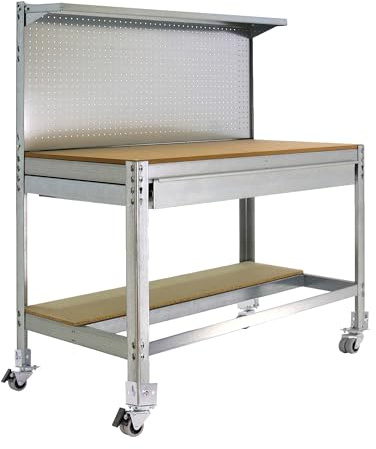 Simon Rack Banco de Trabajo Taller con Ruedas 1510x610 mm - BT3 | Panel Perforado y Cajón, Tablero madera 16 mm, Capacidad Carga 120 kg, Galva , Pintura anticorrosión, Montaje sistema clic