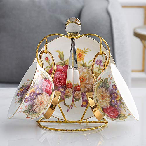 Teetassen Set Teeservice Porzellan Kaffee Tassen Sets Kaffeeservice Mit Blumen, Floral Kaffeetasse mit Untertasse und Löffel
