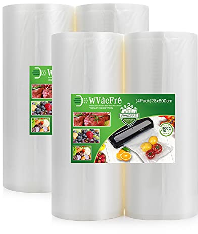 WVacFre 4 Vakuumfolienrollen 28x600cm Sous Vide Lebensmittel | BPA-frei,LFGB,Kochfest und Sous Vide Gefrierbeutel,Profi Vakuumierbeutel Lebensmittel