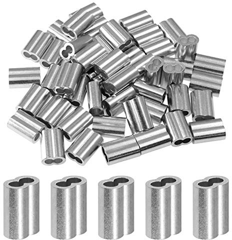 PHITUODA 50pcs 3/16 Inch Aluminum Crimping Loop Sleeve for Wire Rope and Cable, Double Hole Type