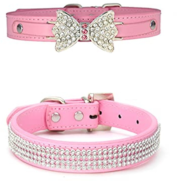 MiaLover 2 colliers réglables pour chien en cuir pailleté pour petits chiens et chats, décoration pour chien, deux styles (rose)