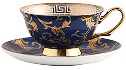 DUNAKE Taza de Porcelana Inglesa, Tazas de té y platillos Conjuntos Vintage, Taza de Taza de café con platillo para Latte, té, 6,8 oz, Taza de té de impresión de Mano Dorada con Juego de platillos