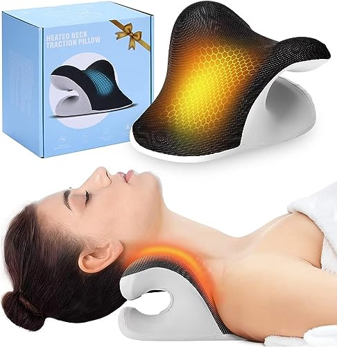 Liipoo Étireur de cou chauffant avec taie d'oreiller thérapeutique magnétique, oreiller de relaxation du cou et des épaules, dispositif de traction cervicale pour soulager les maux de tête TMJ,