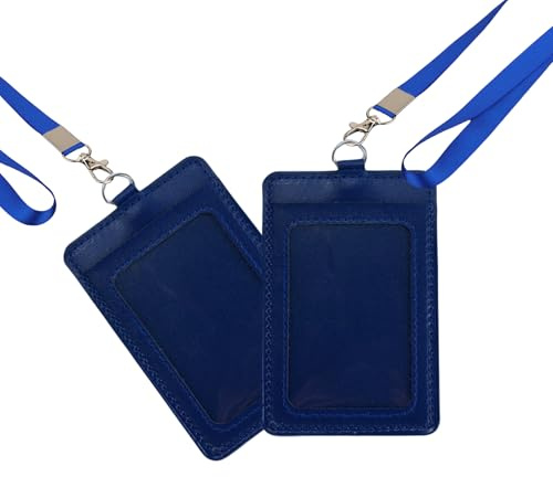 2 x vertikaler Ausweishalter aus PU-Leder mit Umhängeband und 2 Kartenfächern, transparentes Fenster, Namensschildhalter für Zugangskarte, Visitenkarten, Schularbeitsausweis, Namensschilder (blau)