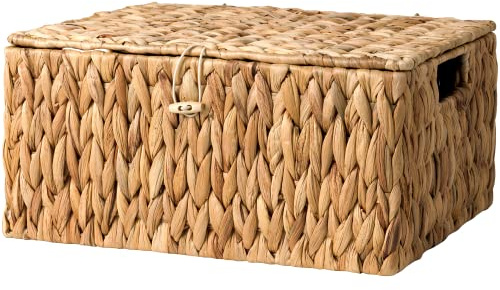 StorageWorks Large Water Hyacinth Baskets for Organizing, Wicker Basket with Lid for Shelves, Storage Basket with Lid and Built-in Handles, 1 Pack