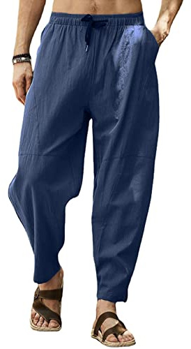 Cooleep Pantaloni Lino Uomo Estivi Casual Pantaloni Elasticizzati Leggeri da Yoga Spiaggia Blu Scuro 3XL
