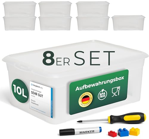 Novaliv 8x Aufbewahrungsboxen mit Deckel 10L transparente Boxen stapelbare Nestbar Storage boxes mit Clipverschluss Kunststoff BPA-frei 37x26x14 cm