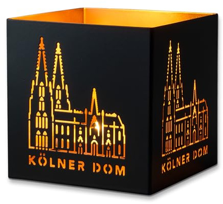3forCologne Windlicht Laterne Kölner Dom | Metall Windlichter außen schwarz innen gold | Schöner Deko-Kerzenhalter für Stumpenkerzen und Teelichter für drinnen oder draußen.