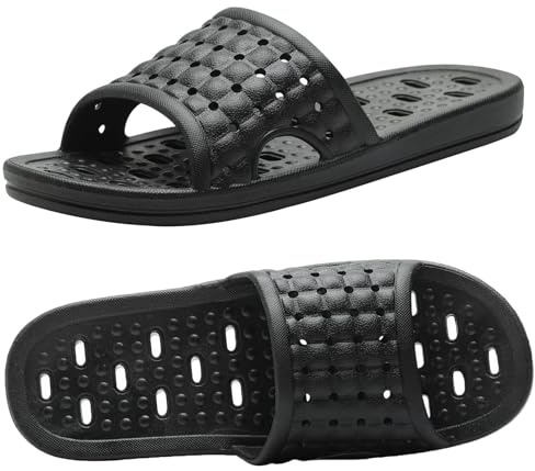 Badtofflor med dräneringshål, snabbtorkande halkfria tofflor sovsal hem badrumstofflor unisex, Svart, 7.5-8 Women/6.5-7 Men