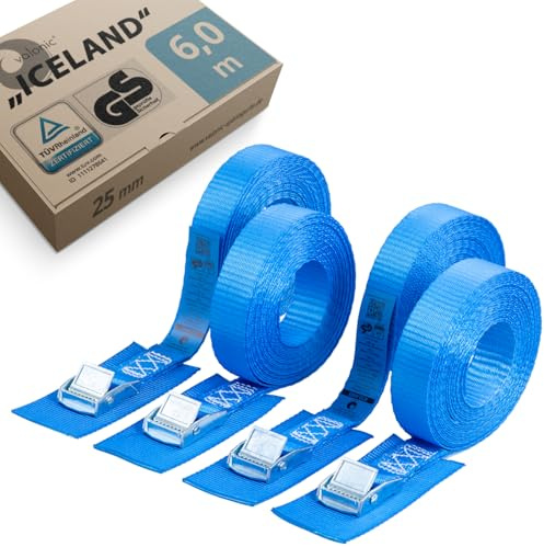 valonic Iceland - 4X 6m Spanngurte mit Pad, Blaue Fahne, 25mm, 250kg, TÜV Rheinl. / GS Zertifiziert EN-12195-2 - Spanngurt mit Klemmschloss für Auto Dachbox, SUP Board, Kajak, blau