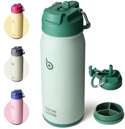 BOTTLE BOTTLE Edelstahl Trinkflasche 450ml Strohhalm&Pillenfach Sport Grün