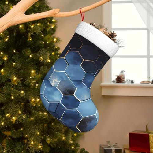 UPGENT Blaue Sechsecke und Diamanten Weihnachtsstrumpf – festliche Feiertagsdekoration Geschenksack – Weihnachtssocke für Süßigkeiten, Spielzeug und mehr