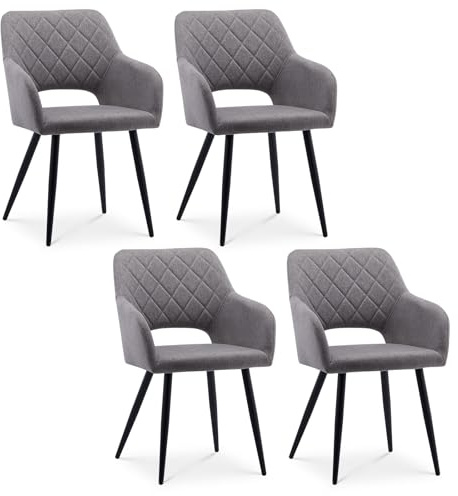 CLIPOP Esszimmerstühle 4er Set, Polsterstühle mit Armlehnen, Metallbeine, Leinen Bezug, Leinen Helllgrau, bis 150 kg belastbar, für Arbeitszimmer, Wohnzimmer, Schlafzimmer (4er, Leinen Hellgrau)