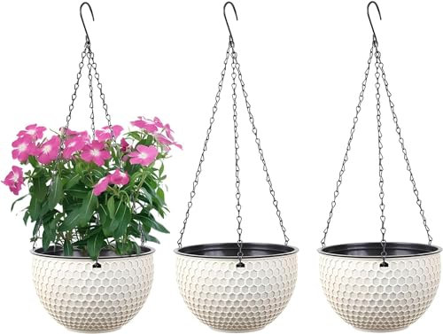 WOWEI Macetas Colgantes para Plantas 3 Piezas con Almacenamiento de Agua y Orificio de Drenaje Macetas de Pared Con Cadenas Decoración de Pared para Balcones y Jardines (Beige, S)
