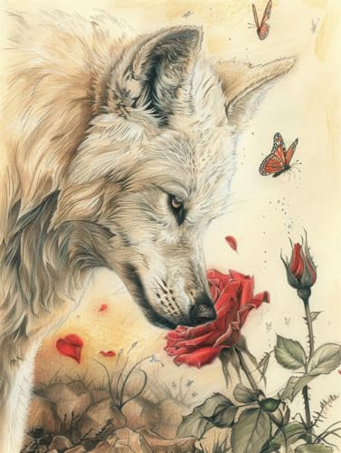 AMBATTERY Knüpfteppich Set Vorgedruckt Weißer Wolf Und Blumen Knüpfhaken-Teppich-Set DIY-Knüpfhaken Teppichherstellungs-Set Für Erwachsene Kreuzstich-Set Heimdekoration 31x63in