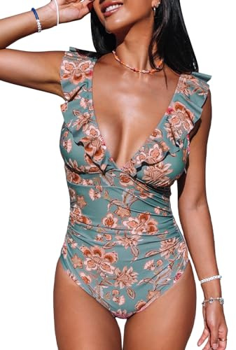 Cupshe Baddräkt med volanger och V-ringning för kvinnor, monokini, magkontroll, endelad, badmode, XS