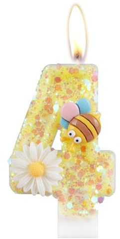 Geburtstagskerzen Zahlen 4, Geburtstagsdeko 4 Jahr Junge Mädchen, Gelb Kerzen Geburtstag, Honigbiene und Blume Tortendeko Geburtstag, Personalisierte Geburtstagskerzen Torte Deko KinderGeburtstags