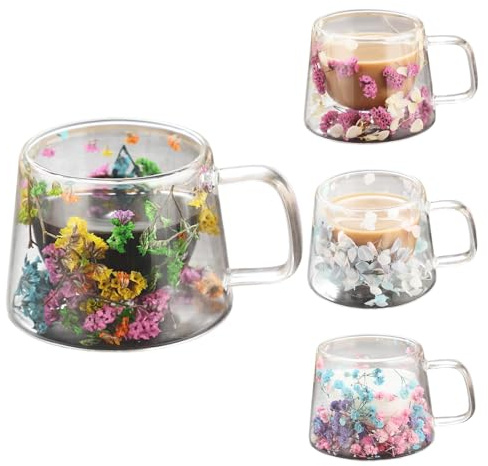 4 Stück Blumen Doppelschicht Glasbecher - 250ml Doppelwandige Glasbecher Tasse Mit Trockenblumen - Kaffeetassen Glas Espresso - Cappuccino Tassen Glas | Für Heiße Getränke, Tee Oder Kaffee