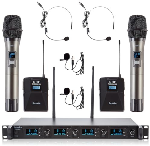 4 Channel UHF Wireless Microphone System, 2 Wireless Handheld Microphones and 2 Lapel Microphones for Karaoke, Churches, Conferences, Meetings and Parties, Adjustable Frequency 4x25