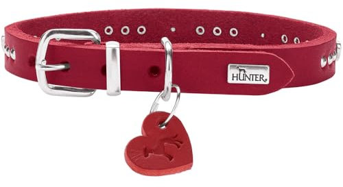 HUNTER Collier pour Chien Aalborg Hearts, Couleur : Rouge, Cuir de Vachette Souple de qualité supérieure, Doux et Confortable, avec Rivets et détails en cœur, Pendentif en Forme de cœur, fabriqué en