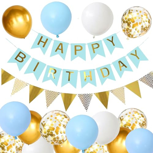 Macaron Luftballons Geburtstag Dekoration Set, Macaron blau Golden Geburtstagsdeko Happy Birthday deko Banner Party Deko Geburtstag Set mit Luftballons Dreiecksflaggen Girlanden（BL+SJQ)