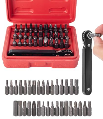 Bates Choice Mini Ratchet Set, 34 pcs, Cr-V Steel, 1/4 Low Profile Right Angle Screwdriver, 1/4 Bit Set, Red Storage Box, Screwdriver Bit Sets