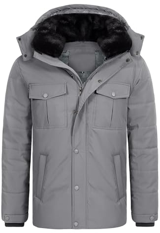 Tuopuda Uomo Giacca Invernale con Cappuccio, Giubbotto in Pile Casual Parka Cappotto Termico Imbottito Giacche con Cerniera e Tasche Giubbino Primavera Autunno, Grigio, XL