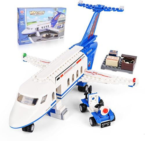 Blumacht City Passagierflug Flugzeug Baukasten, Flugzeug Modell mit Gepäckwagen, Bausteine Spielzeug, Flugzeug-Modell Geschenke für Jungen Mädchen ab 6 7 8 9 10 Jahre