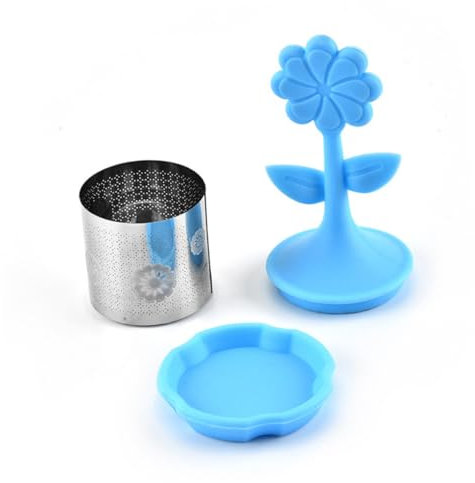 OKUMEYR 2pcs Flower Shape Tea Separator Silicone Tea Strainer Stainless Steel Filter Infuser and Drip Tray Heat Handle for